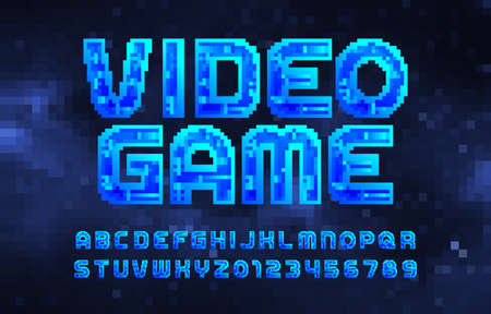 Video Game alphabet font. Pixel letters and numbers. Digital background. 80s arcade video game typescript.のイラスト素材