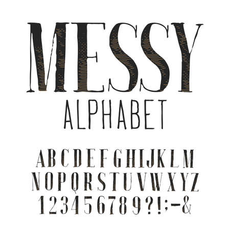 Messy serif alphabet font. Handwritten uppercase letters, numbers and symbols. White background. Stock vector typescript for your design.のイラスト素材