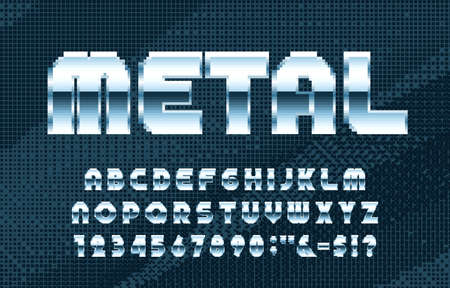 Metal alphabet font. Pixel letters, numbers and symbols. Digital background. 80s arcade video game typescript.のイラスト素材