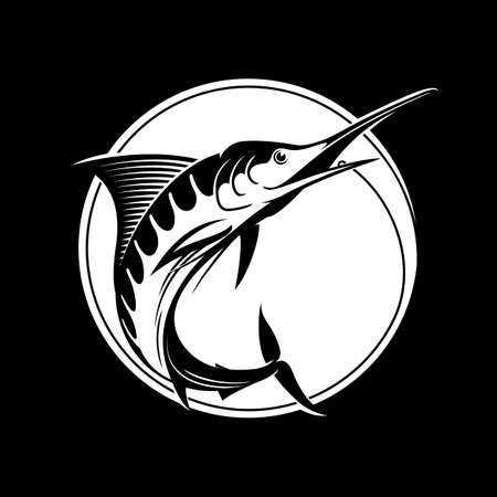 Fishing  template - Blue marlin vector sign. Catching marlin on the hook. Black and white. Stock vector illustration.のイラスト素材