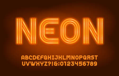 Neon alphabet font. Yellow neon light letters and numbers in 70s style. Blurred background. Stock vector typeface for your design.のイラスト素材