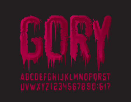 Gory alphabet font. Blood grunge letters and numbers. Hand drawn vector typography for your Halloween typography.のイラスト素材