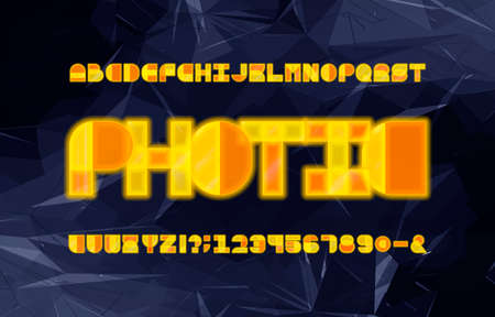 Photic alphabet font. Geometric neon letters, numbers and symbols. Abstract polygonal background....