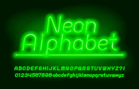 Neon alphabet font. Green neon light. Uppercase and lowercase letters and numbers. Stock vector typescript for your design.のイラスト素材