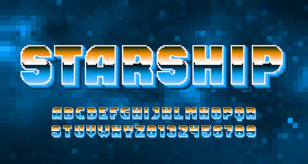 Starship alphabet font. Pixel letters, numbers and symbols. Space pixel background. 80s arcade video game typescript.のイラスト素材
