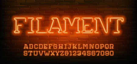 Filament alphabet font. Orange neon light letters and numbers. Stock vector typescript for your design.のイラスト素材