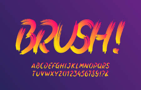 Brush alphabet font. Brush stroke vivid letters and numbers. Hand written vector typescript for your design.のイラスト素材