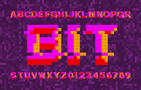 Bit alphabet font. Glitched pixel letters, numbers and symbols. Pixel background. 80s arcade video game typescript.のイラスト素材