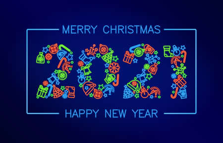 2021 neon sign. Merry Christmas and happy new year text. Stock vector illustration.