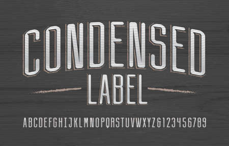 Condensed Label alphabet font. Vintage scratched letters and numbers. Vector typescript for your...
