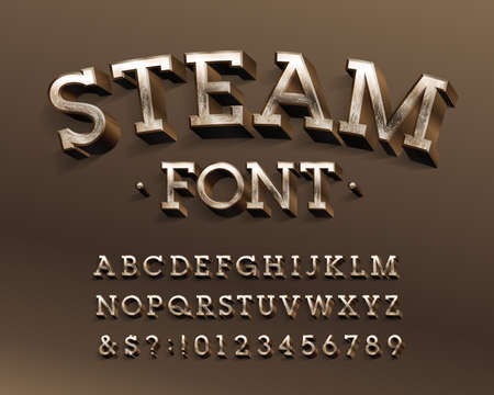 Steam alphabet font. 3d steampunk brass letters and numbers. Stock vector typescript for your design.のイラスト素材