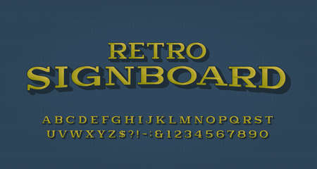 Retro Signboard alphabet font. 3D effect vintage letters and numbers. Vector typescript for your typography design.のイラスト素材