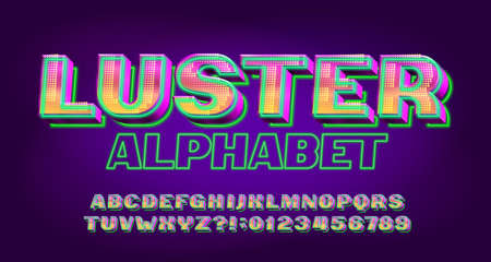 Luster alphabet font. Neon light 3d letters and numbers. Stock vector typescript for your typography design.のイラスト素材