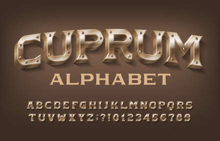 Cuprum alphabet font. Steampunk letters and numbers with screws. Stock vector typescript for your design.のイラスト素材
