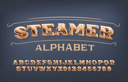 Steamer alphabet font. 3D brass letters and numbers with screws. Stock vector typescript for your design.のイラスト素材