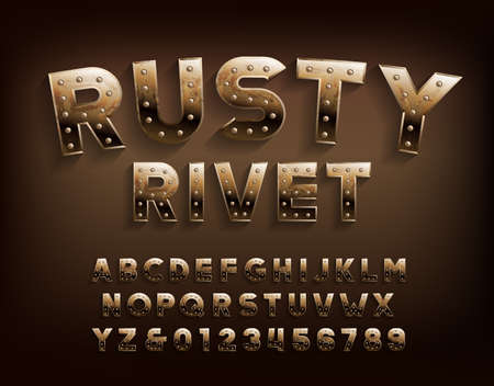 Rusty Rivet alphabet font. Damaged metallic letters and numbers with rivets. Stock vector typescript for your design.のイラスト素材
