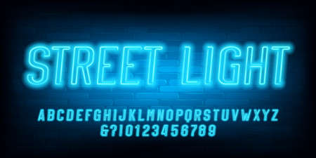 Street Light alphabet font. Blue neon light letters and numbers. Brick wall background. Stock vector typescript for your design.のイラスト素材