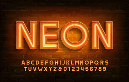 Neon alphabet font. 3D neon light letters and numbers. Brick wall background. Stock vector typescript for your design.のイラスト素材