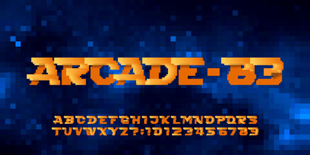 Arcade-83 alphabet font. Pixel letters, numbers and symbols. Space pixel background. 80s arcade video game typescript.のイラスト素材