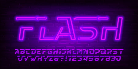 Flash alphabet font. Purple neon light letters, numbers and symbols. Brick wall background. Stock vector typescript for your design.のイラスト素材