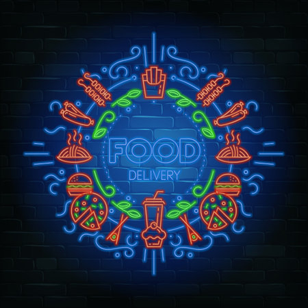 Food Delivery neon sign. Set of different groceries icons on a brick background. Stock vector illustration.のイラスト素材