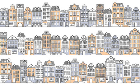 Vector seamless background with townhouses in European style. Hand-drawn houses in retro colors. Stock vector illustration.のイラスト素材