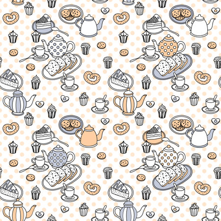 Tea, sweets and bakery hand-drawn seamless background. Retro colors. Stock vector illustration.のイラスト素材