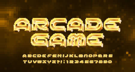 Arcade Game alphabet font. Pixel letters and numbers in 80s style. Pixel background. 80s video game typescript.のイラスト素材
