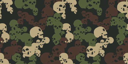 Camo seamless pattern with skulls. Camouflage in green colors. Military vector background for your design. Stock vector background.のイラスト素材