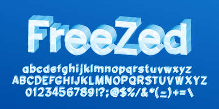 Freezed alphabet font. 3D cartoon ice letters, numbers and symbols. Uppercase and lowercase. Stock vector typescript for your typography design.のイラスト素材