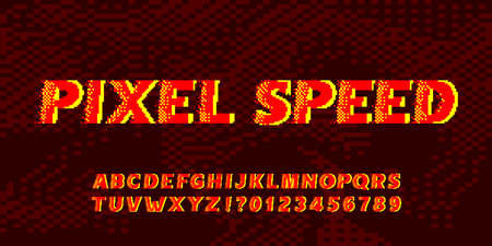 Pixel Speed alphabet font. Fast wind effect letters and numbers. 80s arcade video game typeface.のイラスト素材