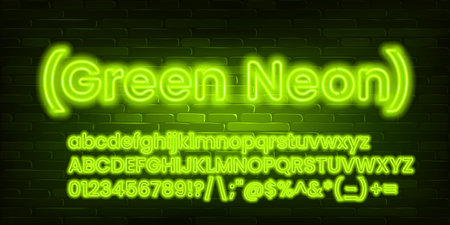 Green Neon alphabet font. Neon light bold letters, numbers and symbols. Uppercase and lowercase. Stock vector typescript for your design.のイラスト素材