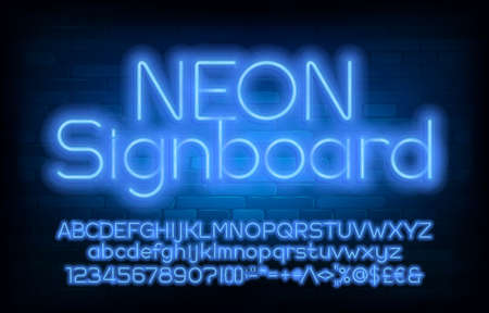 Neon Signboard alphabet font. Blue neon light simple letters, numbers and punctuation. Uppercase and lowercase. Stock vector typescript for your design.のイラスト素材