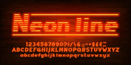Neon line alphabet font. Neon light simple letters, numbers and punctuation. Uppercase and lowercase. Stock vector typescript for your design.のイラスト素材