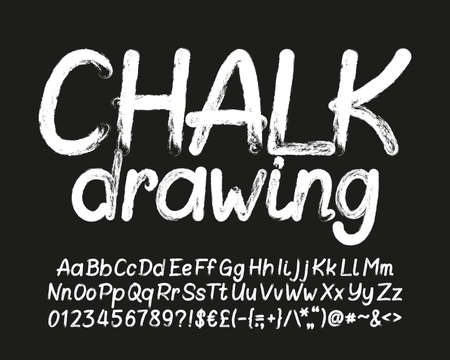 Chalk Drawing alphabet font. Hand drawn uppercase and lowercase letters, numbers and symbols. Stock vector typescript for your design.のイラスト素材