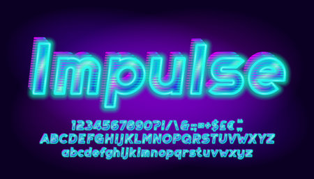 Impulse alphabet font. 3D effect bright letters, numbers and punctuations. Uppercase and lowercase. Retro-futuristic vector typescript for your typography design.のイラスト素材