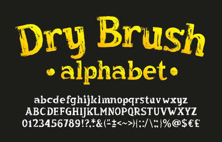 Dry Brush alphabet font. Hand drawn uppercase and lowercase letters, numbers and symbols. Stock vector typescript for your design.のイラスト素材