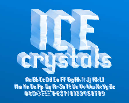 Ice Crystals alphabet font. 3D cartoon narrow letters, numbers and symbols. Uppercase and lowercase. Stock vector typescript for your typography design.のイラスト素材