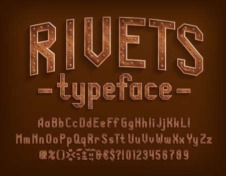 Rivets alphabet font. Steampunk letters, numbers and punctuation. Uppercase and lowercase. Stock vector typescript for your design.のイラスト素材