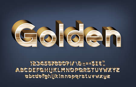 Golden alphabet font. 3d gold letters, numbers and punctuations with shadow. Uppercase and lowercase. Stock vector typescript for your typography design.のイラスト素材