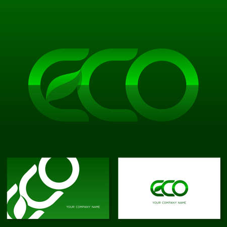 Eco text  with green leaf. Ecology vector emblem. Business card templates. Stock vector illustration.のイラスト素材