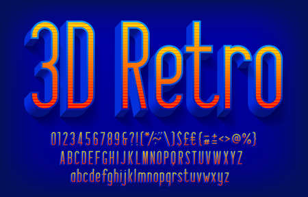 3D Retro alphabet font. Narrow letters, numbers and punctuations with shadow. Uppercase and...