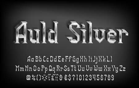 Auld Silver alphabet font. 3D damaged metal letters, numbers and punctuations. Uppercase and lowercase. Stock vector typescript for your design.のイラスト素材