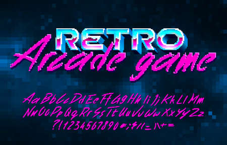 Retro Arcade Game alphabet font. Pixel script letters, numbers and punctuations. Pixel background. 80s arcade video game typescript.のイラスト素材