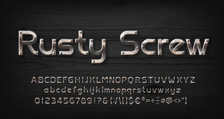 Rusty Screw alphabet font. Worn out beveled letters, numbers and punctuations. Uppercase and lowercase. Wooden background. Stock vector typescript for your design.のイラスト素材