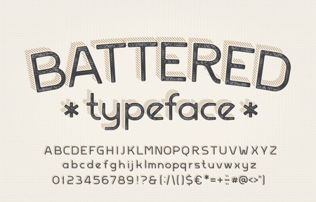 Battered alphabet font. Shabby vintage letters, numbers and symbols. Uppercase and lowercase. Stock vector typeface for your typography design.のイラスト素材