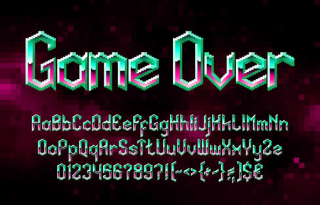 Game Over alphabet font. Pixel vivid gradient letters, numbers and punctuations. 80s arcade video game typeface.のイラスト素材