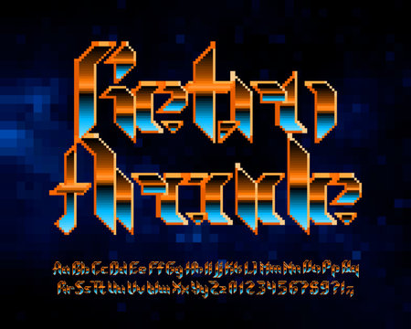 Retro Arcade alphabet font. Pixel letters, numbers and punctuations in hard rock style. 80s arcade video game typeface.のイラスト素材