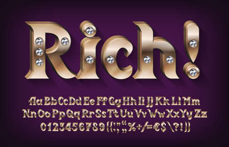 3D Rich alphabet font. Golden metal letters, numbers and symbols with diamonds. Uppercase and lowercase. Stock vector typescript for your design.のイラスト素材