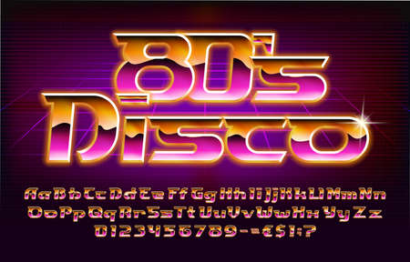 80s Disco alphabet font. Glowing letters, numbers and punctuations in 80s style. Uppercase and lowercase. Stock vector typeface for your typography design.のイラスト素材